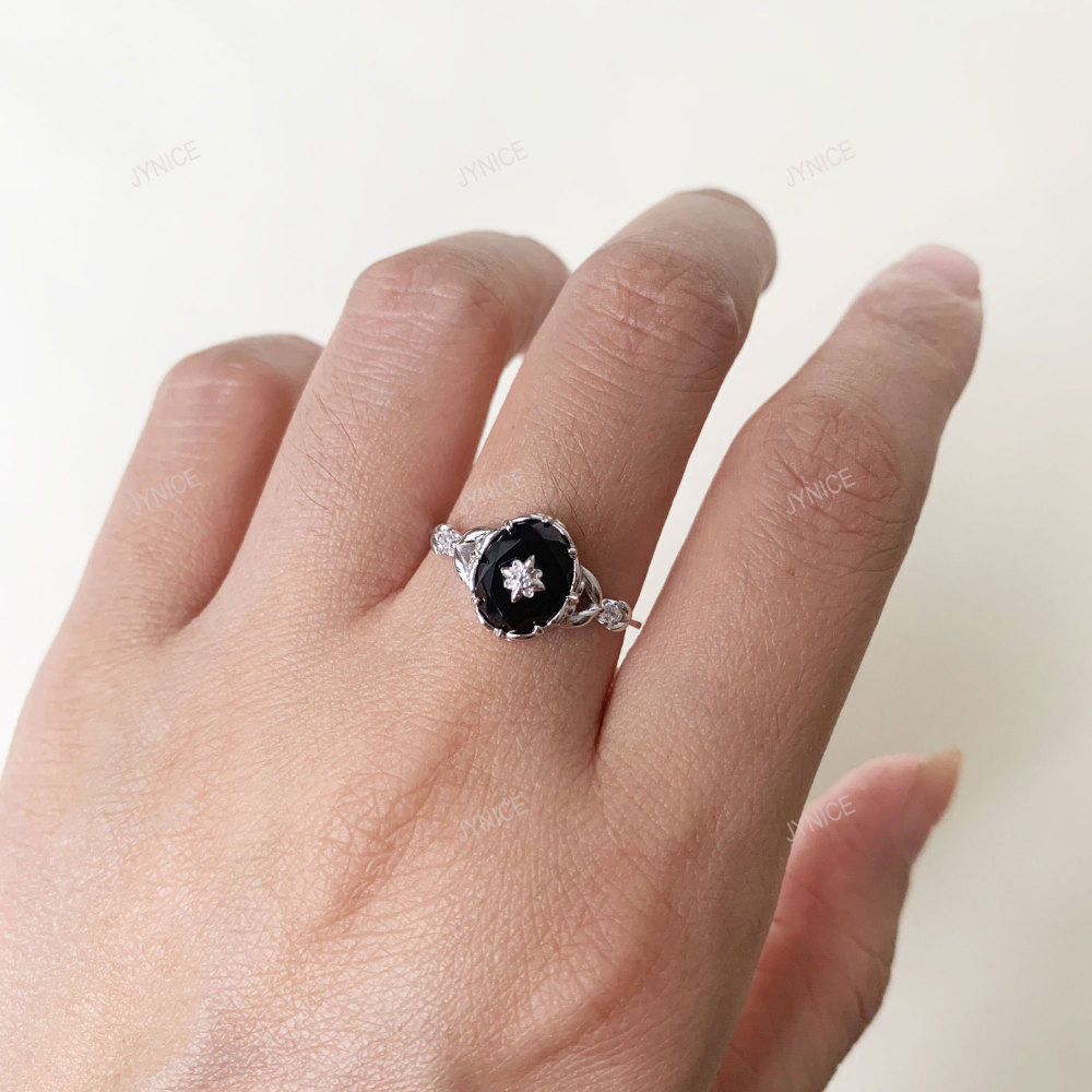 Vintage Black Onyx Engagement Ring Gold Art Deco Promise Ring Sterling Silver Unique Oval Agate Gems Statement Rings Anniversary Jewelry
