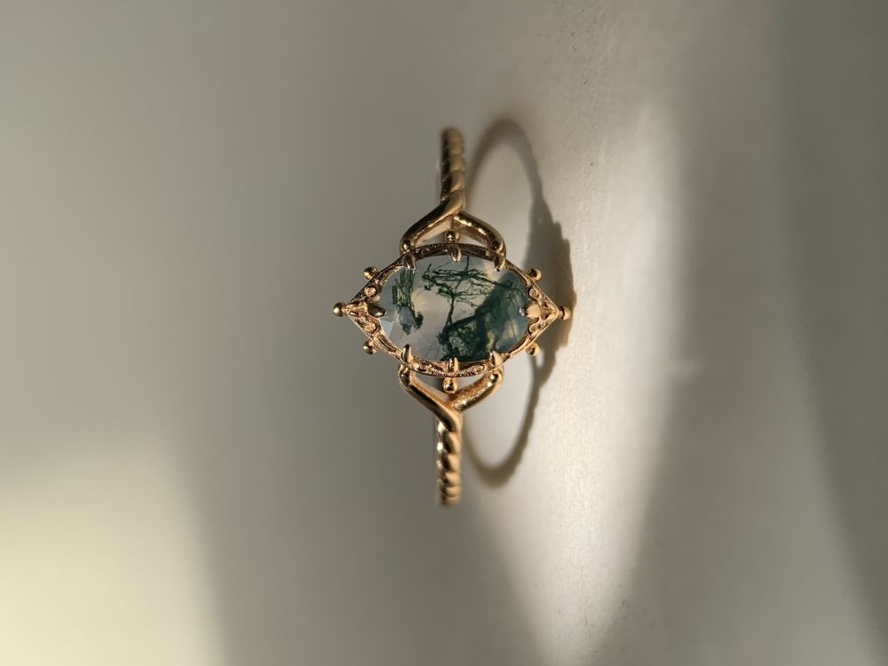 Natural Moss Agate Engagement Ring Vintage Unique 925 Sterling Silver Gold Solitaire Rings Promise Anniversary Jewelry for Women