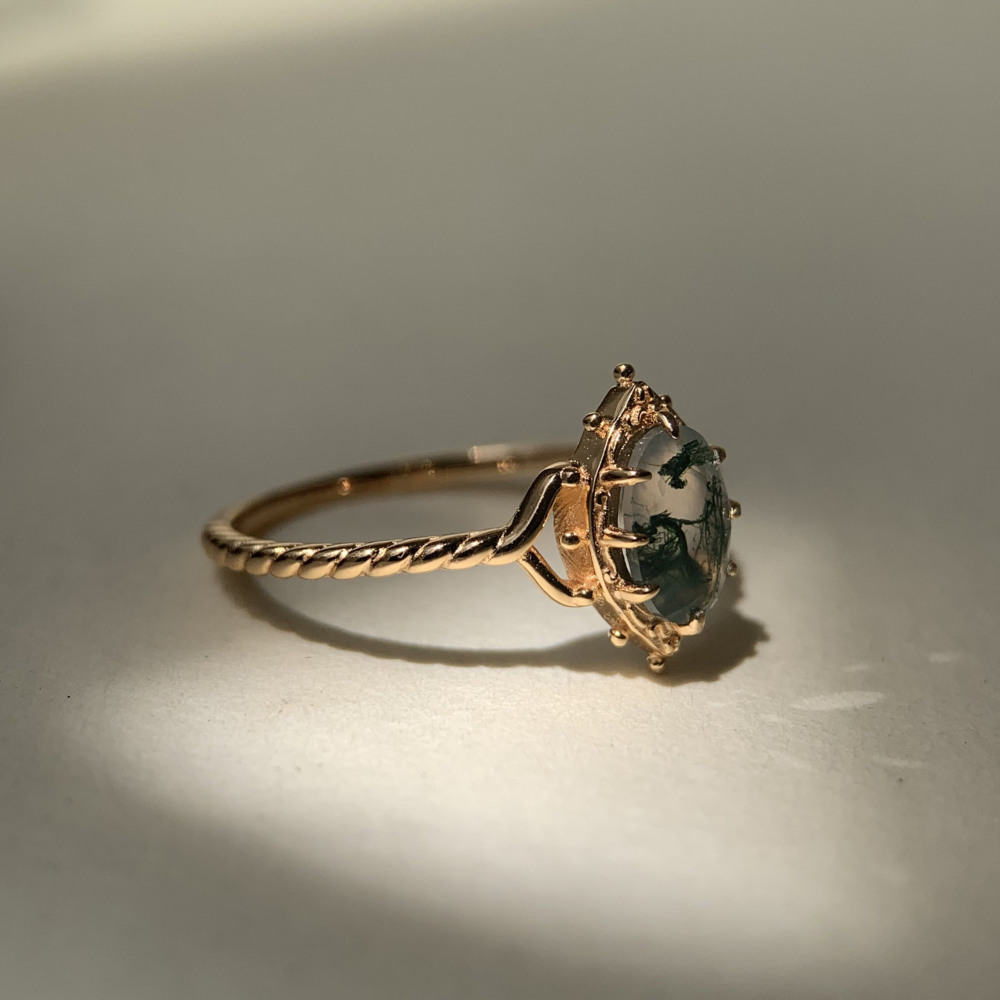 Natural Moss Agate Engagement Ring Vintage Unique 925 Sterling Silver Gold Solitaire Rings Promise Anniversary Jewelry for Women