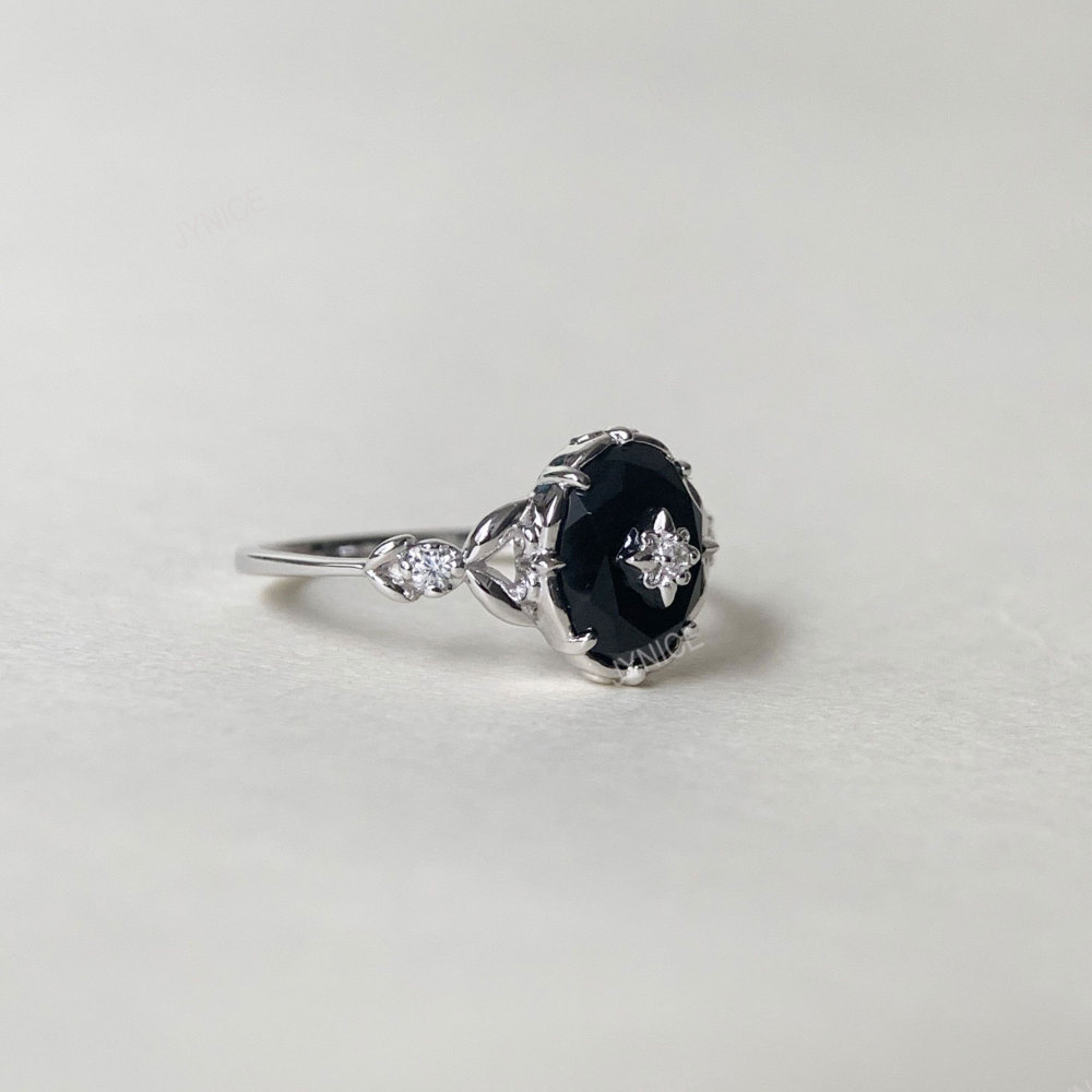 Vintage Black Onyx Engagement Ring Gold Art Deco Promise Ring Sterling Silver Unique Oval Agate Gems Statement Rings Anniversary Jewelry