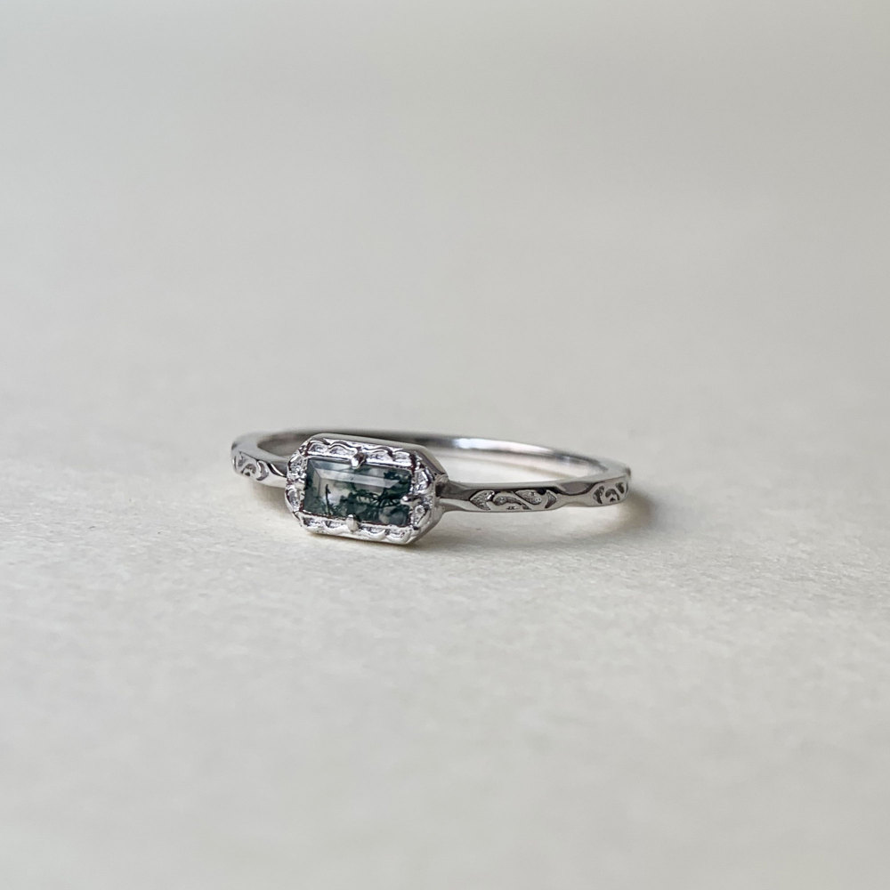Natural Moss Agate Wedding Band Ring Sterling Silver Art Deco Unique Baguette Cut Green Agate Anniversary Rings Minimalist Jewelry 10k 14k 18k solid gold