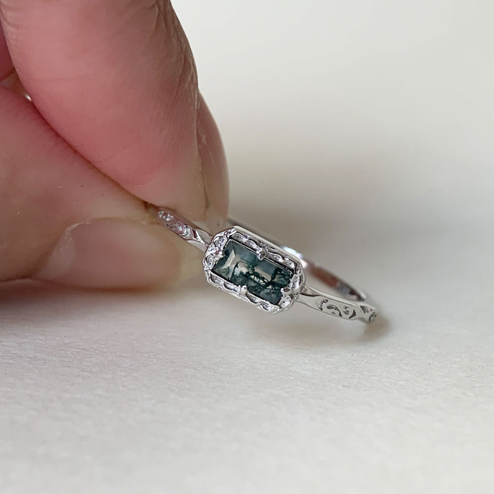 Natural Moss Agate Wedding Band Ring Sterling Silver Art Deco Unique Baguette Cut Green Agate Anniversary Rings Minimalist Jewelry 10k 14k 18k solid gold