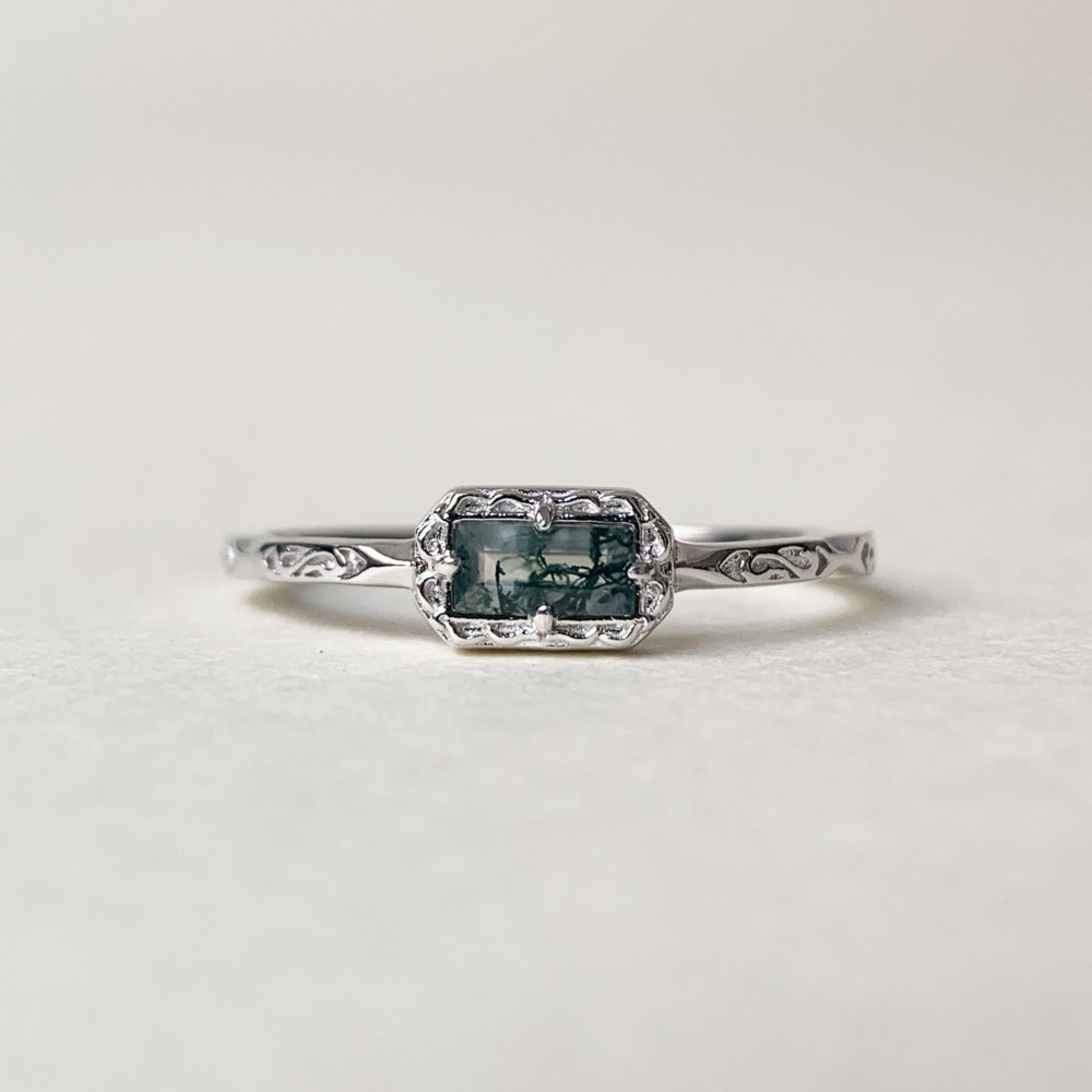 Natural Moss Agate Wedding Band Ring Sterling Silver Art Deco Unique Baguette Cut Green Agate Anniversary Rings Minimalist Jewelry 10k 14k 18k solid gold