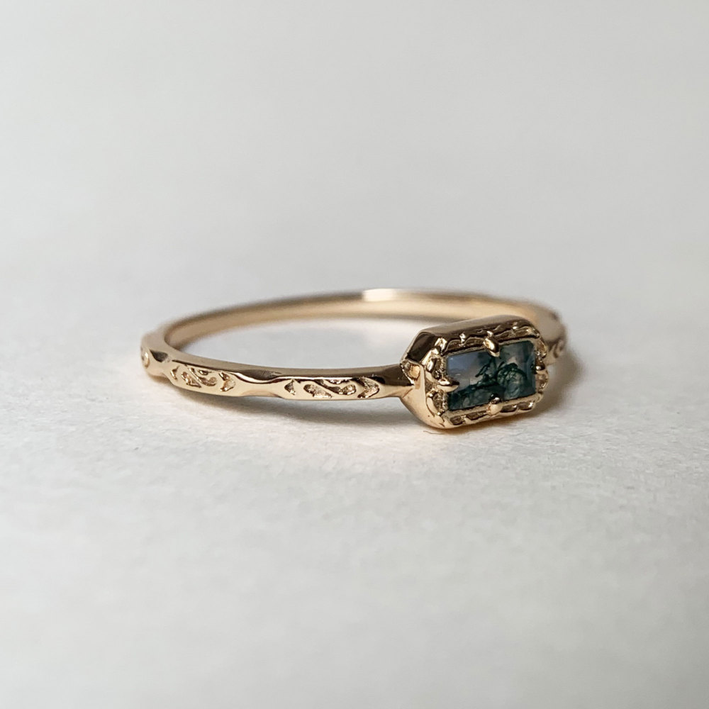 Natural Moss Agate Wedding Band Ring Sterling Silver Art Deco Unique Baguette Cut Green Agate Anniversary Rings Minimalist Jewelry 10k 14k 18k solid gold