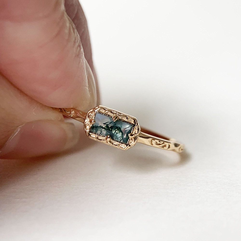 Natural Moss Agate Wedding Band Ring Sterling Silver Art Deco Unique Baguette Cut Green Agate Anniversary Rings Minimalist Jewelry 10k 14k 18k solid gold