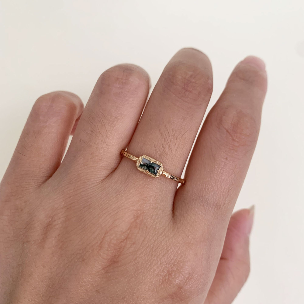 Natural Moss Agate Wedding Band Ring Sterling Silver Art Deco Unique Baguette Cut Green Agate Anniversary Rings Minimalist Jewelry 10k 14k 18k solid gold