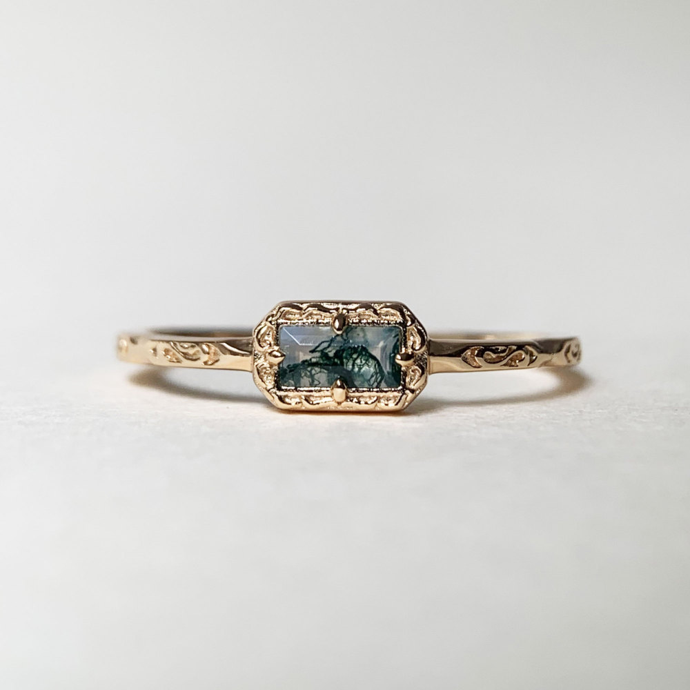 Natural Moss Agate Wedding Band Ring Sterling Silver Art Deco Unique Baguette Cut Green Agate Anniversary Rings Minimalist Jewelry 10k 14k 18k solid gold