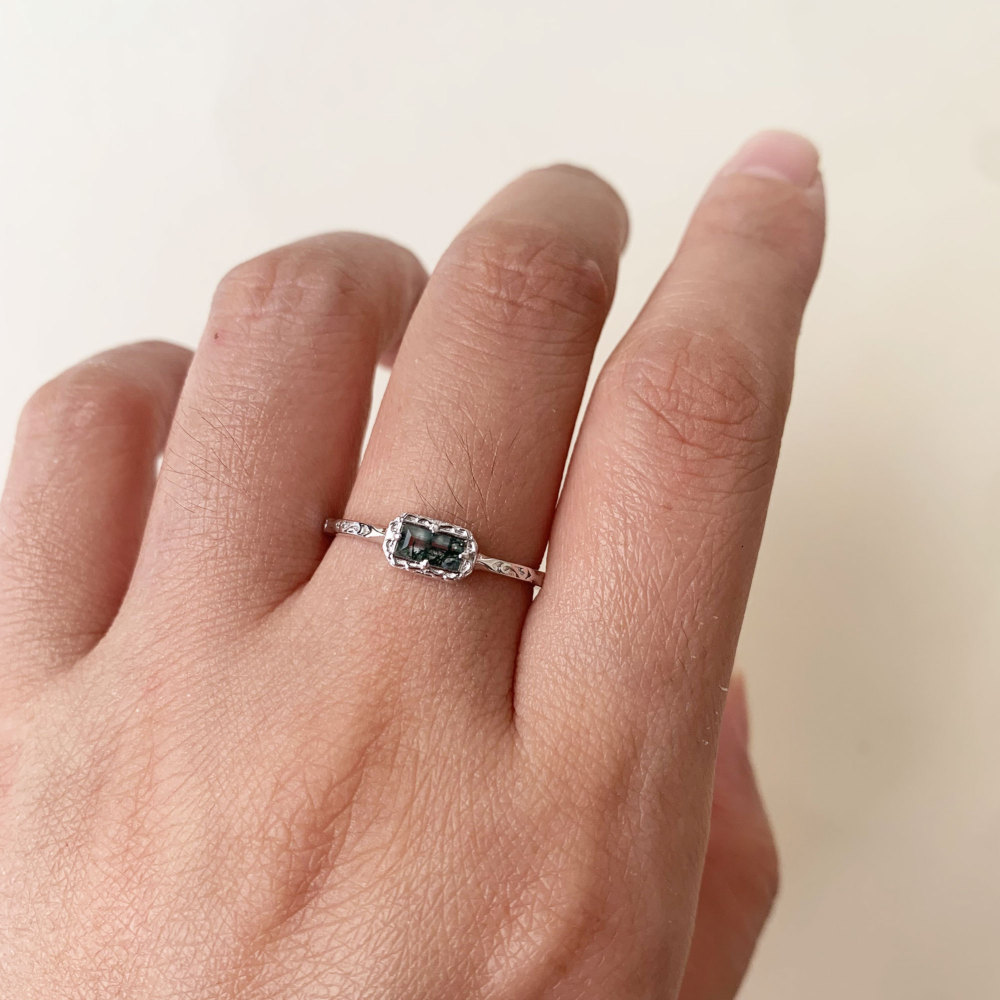 Natural Moss Agate Wedding Band Ring Sterling Silver Art Deco Unique Baguette Cut Green Agate Anniversary Rings Minimalist Jewelry 10k 14k 18k solid gold