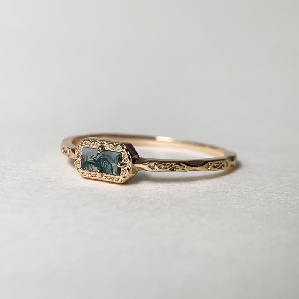 Natural Moss Agate Wedding Band Ring Sterling Silver Art Deco Unique Baguette Cut Green Agate Anniversary Rings Minimalist Jewelry 10k 14k 18k solid gold