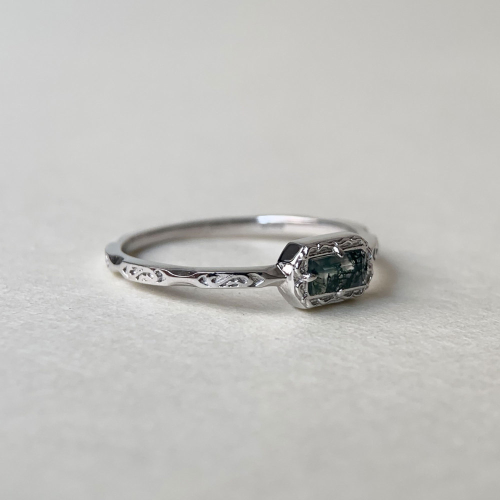 Natural Moss Agate Wedding Band Ring Sterling Silver Art Deco Unique Baguette Cut Green Agate Anniversary Rings Minimalist Jewelry 10k 14k 18k solid gold