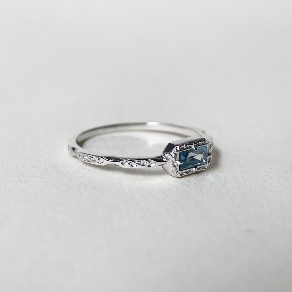 London Blue Topaz Wedding Band Ring Sterling Silver Baguette November Birthstone Ring Art Deco Filigree Solitaire Promise Ring 10K 14K 18K Solid Gold