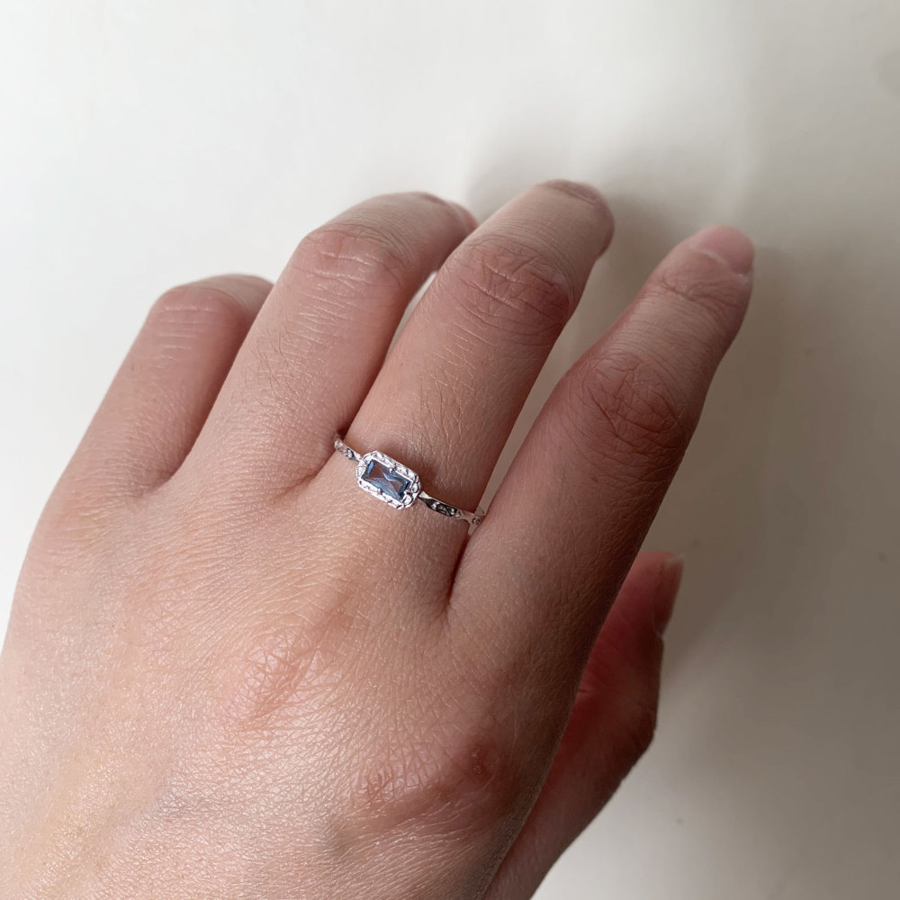 London Blue Topaz Wedding Band Ring Sterling Silver Baguette November Birthstone Ring Art Deco Filigree Solitaire Promise Ring 10K 14K 18K Solid Gold