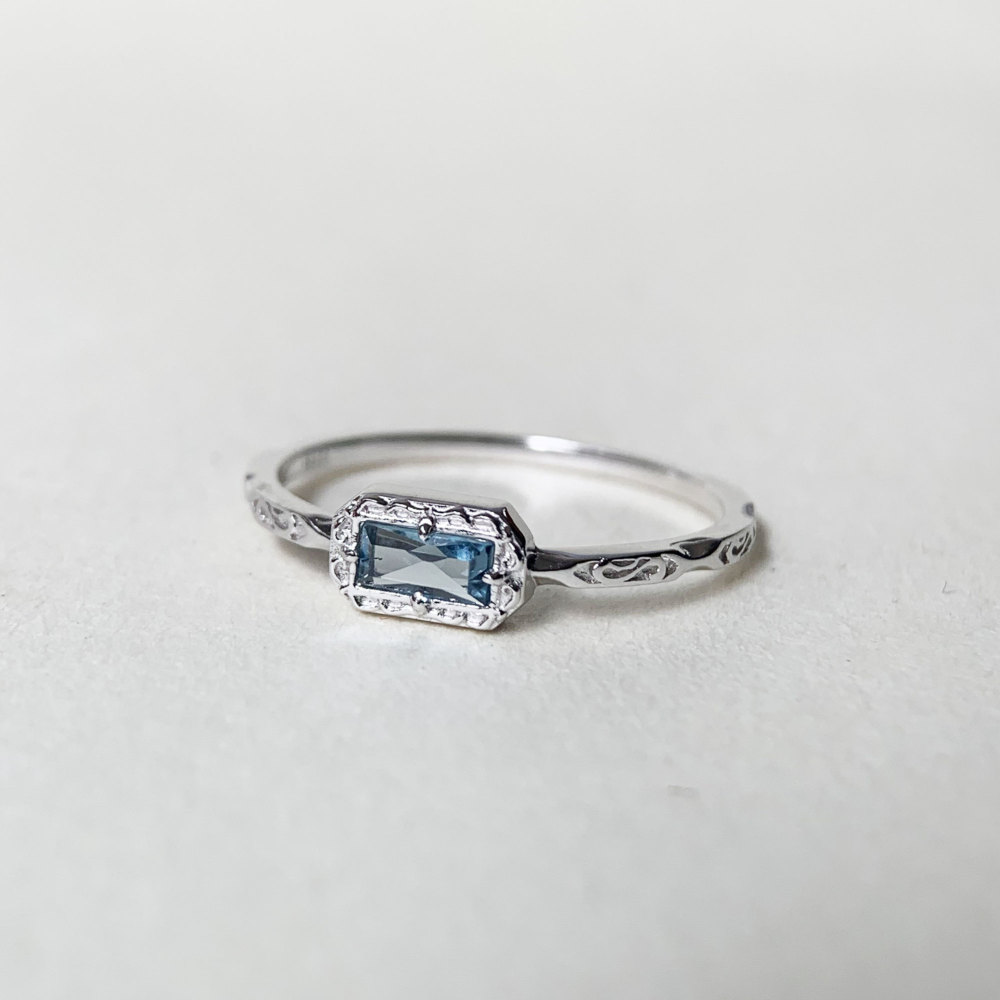 London Blue Topaz Wedding Band Ring Sterling Silver Baguette November Birthstone Ring Art Deco Filigree Solitaire Promise Ring 10K 14K 18K Solid Gold