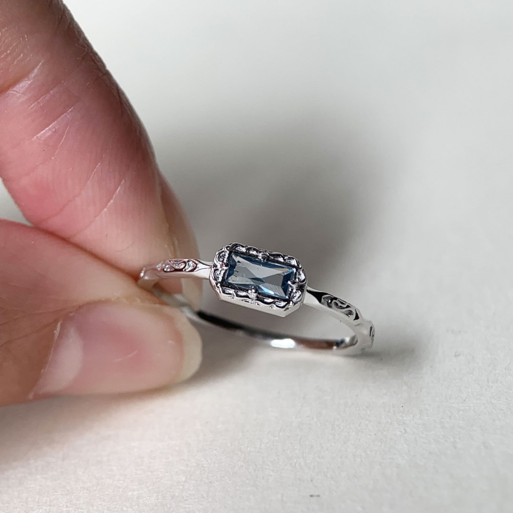 London Blue Topaz Wedding Band Ring Sterling Silver Baguette November Birthstone Ring Art Deco Filigree Solitaire Promise Ring 10K 14K 18K Solid Gold
