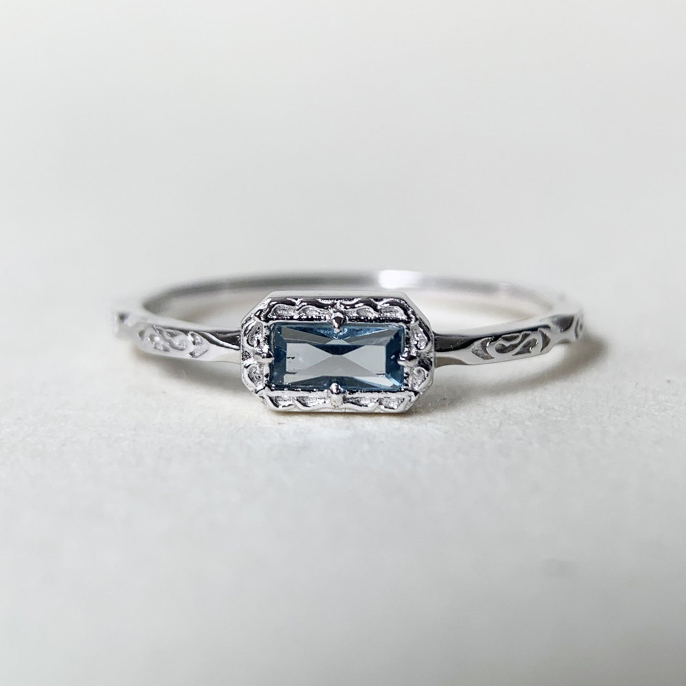London Blue Topaz Wedding Band Ring Sterling Silver Baguette November Birthstone Ring Art Deco Filigree Solitaire Promise Ring 10K 14K 18K Solid Gold