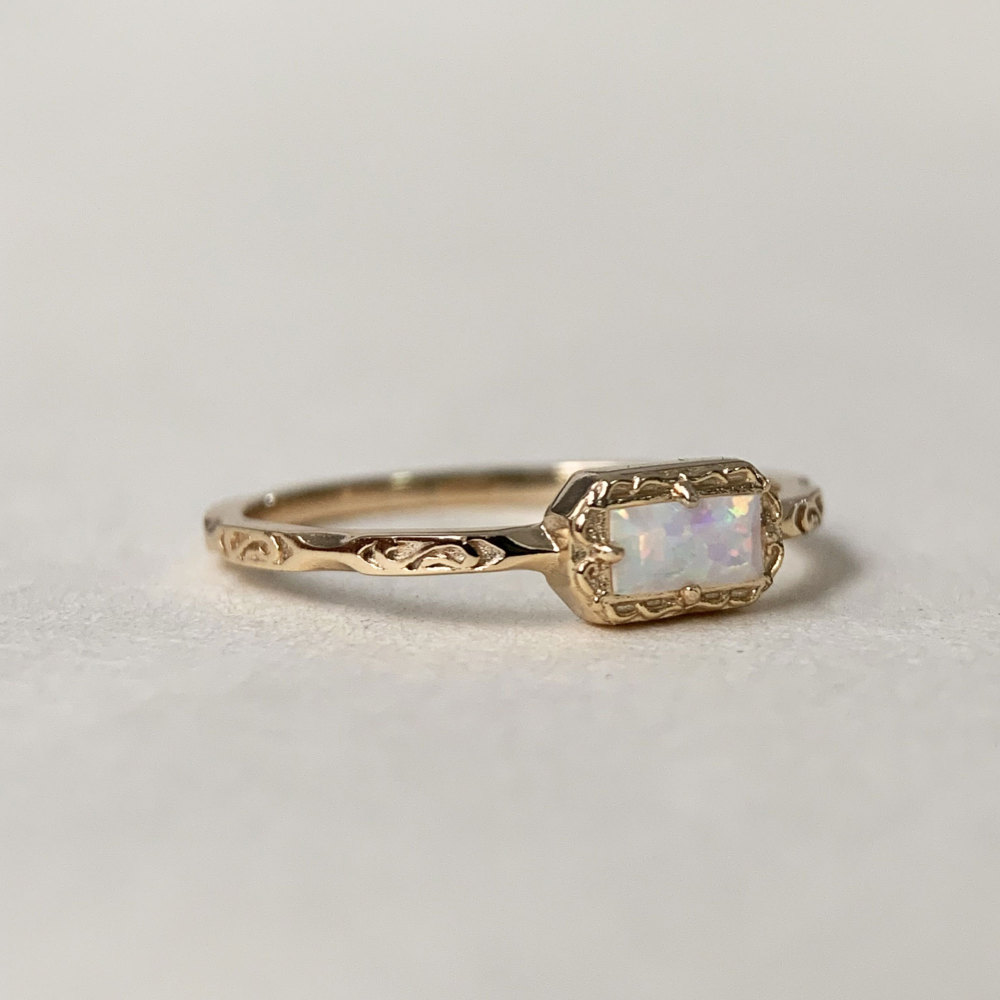 Vintage Opal Engagement Ring, Sterling Silver White Opal Ring, Solitaire Fire Opal Ring, Dainty Opal ring, Baguette October Birthstone Ring 10K 14K 18K Solid Gold