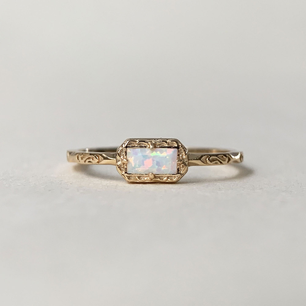 Vintage Opal Engagement Ring, Sterling Silver White Opal Ring, Solitaire Fire Opal Ring, Dainty Opal ring, Baguette October Birthstone Ring 10K 14K 18K Solid Gold
