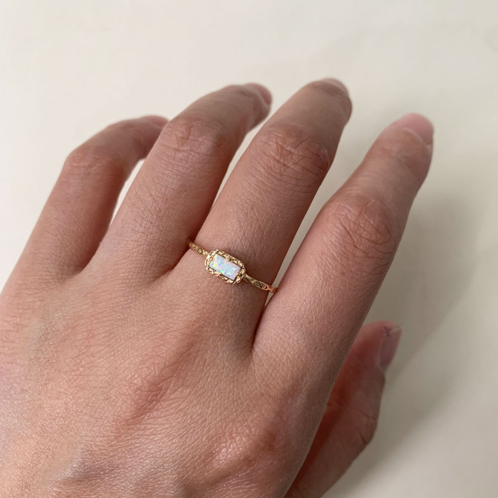 Vintage Opal Engagement Ring, Sterling Silver White Opal Ring, Solitaire Fire Opal Ring, Dainty Opal ring, Baguette October Birthstone Ring 10K 14K 18K Solid Gold