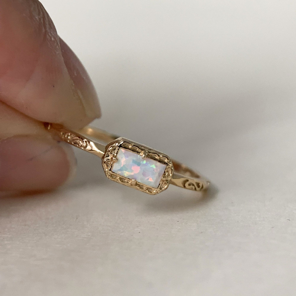 Vintage Opal Engagement Ring, Sterling Silver White Opal Ring, Solitaire Fire Opal Ring, Dainty Opal ring, Baguette October Birthstone Ring 10K 14K 18K Solid Gold