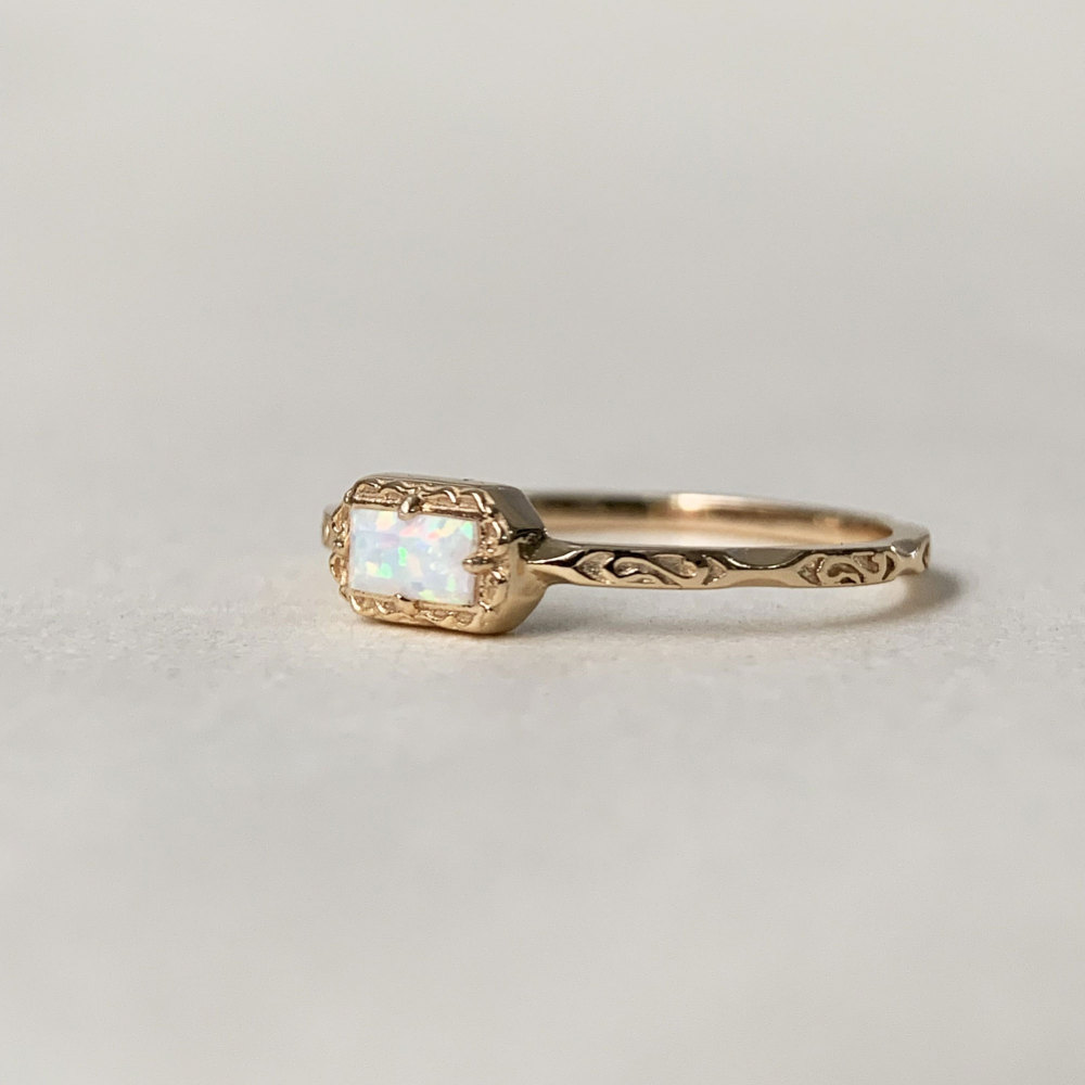 Vintage Opal Engagement Ring, Sterling Silver White Opal Ring, Solitaire Fire Opal Ring, Dainty Opal ring, Baguette October Birthstone Ring 10K 14K 18K Solid Gold