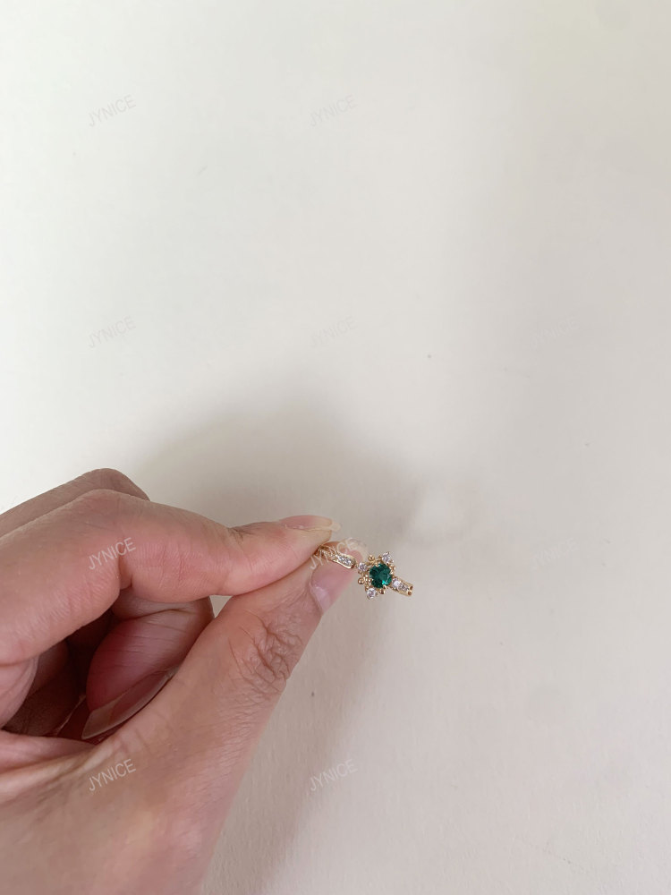 Round Emerald Engagement Ring Gold Dainty May Birthstone Rings Art Deco Sterling Silver CZ Halo Promise Wedding Anniversary Jewelry