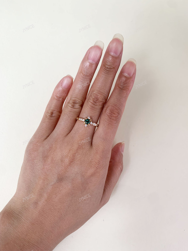 Round Emerald Engagement Ring Gold Dainty May Birthstone Rings Art Deco Sterling Silver CZ Halo Promise Wedding Anniversary Jewelry