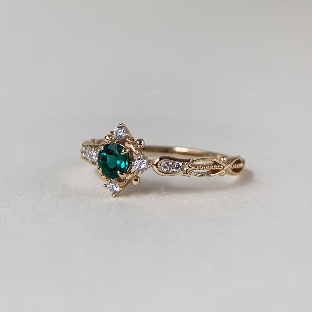 Round Emerald Engagement Ring Gold Dainty May Birthstone Rings Art Deco Sterling Silver CZ Halo Promise Wedding Anniversary Jewelry