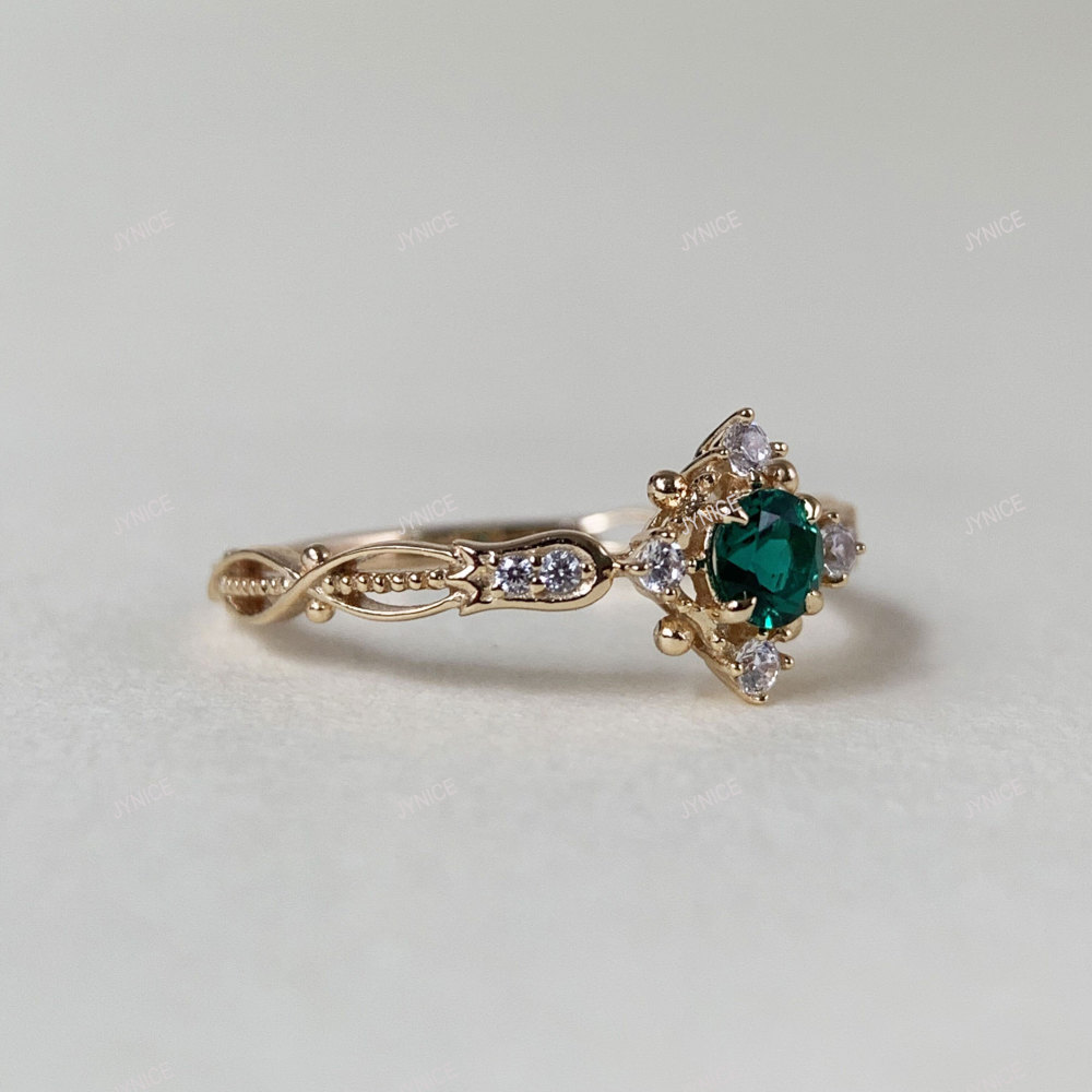 Round Emerald Engagement Ring Gold Dainty May Birthstone Rings Art Deco Sterling Silver CZ Halo Promise Wedding Anniversary Jewelry