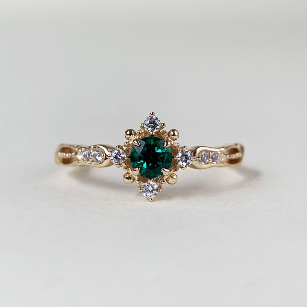 Round Emerald Engagement Ring Gold Dainty May Birthstone Rings Art Deco Sterling Silver CZ Halo Promise Wedding Anniversary Jewelry