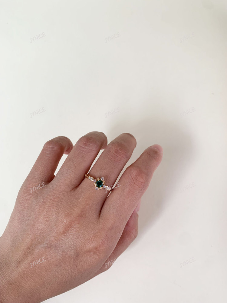 Round Emerald Engagement Ring Gold Dainty May Birthstone Rings Art Deco Sterling Silver CZ Halo Promise Wedding Anniversary Jewelry