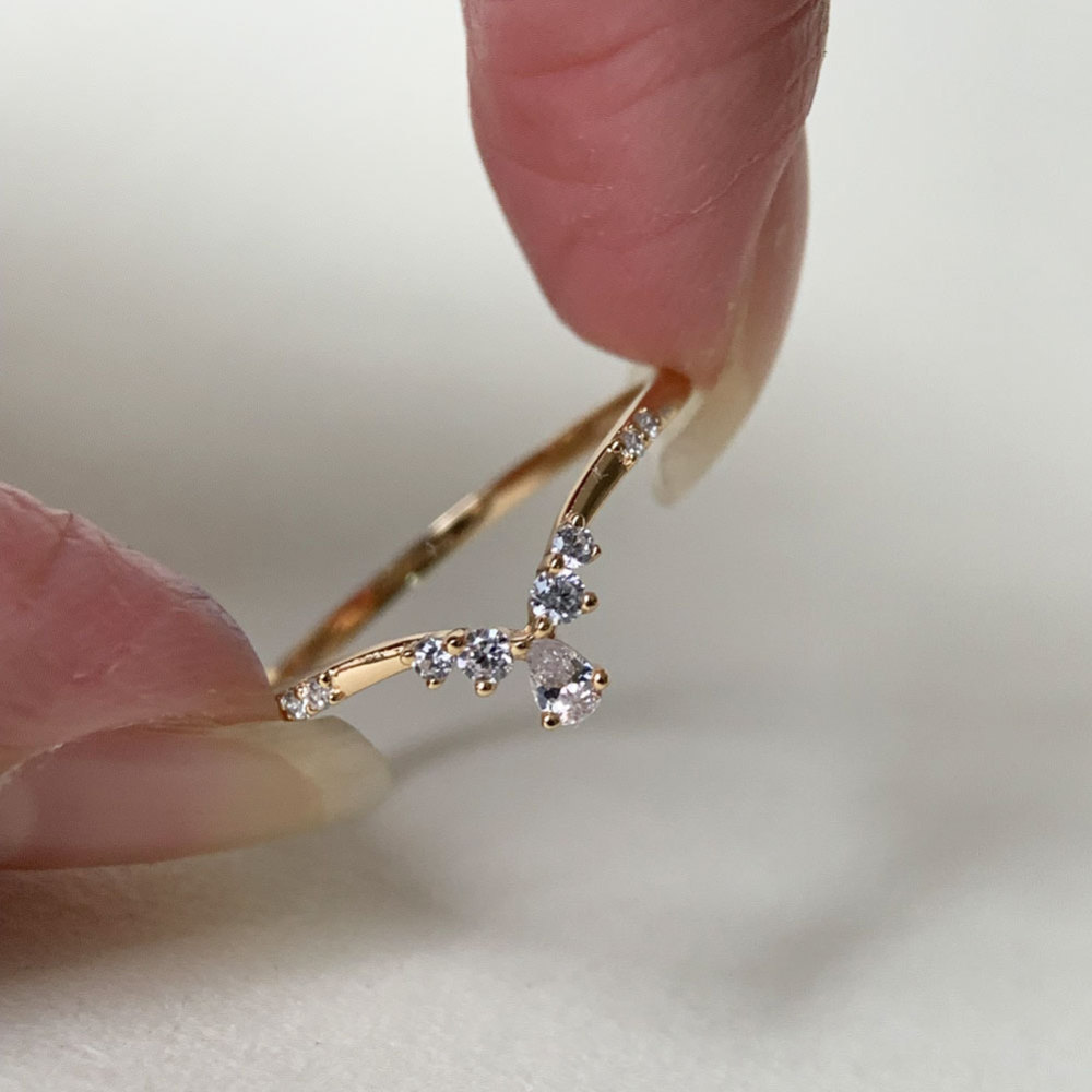 Curved Wedding Band Pear Cut Cubic Zirconia Unique Chevron Stacking Band V Shaped CZ Stackable Ring Anniversary Gift for her