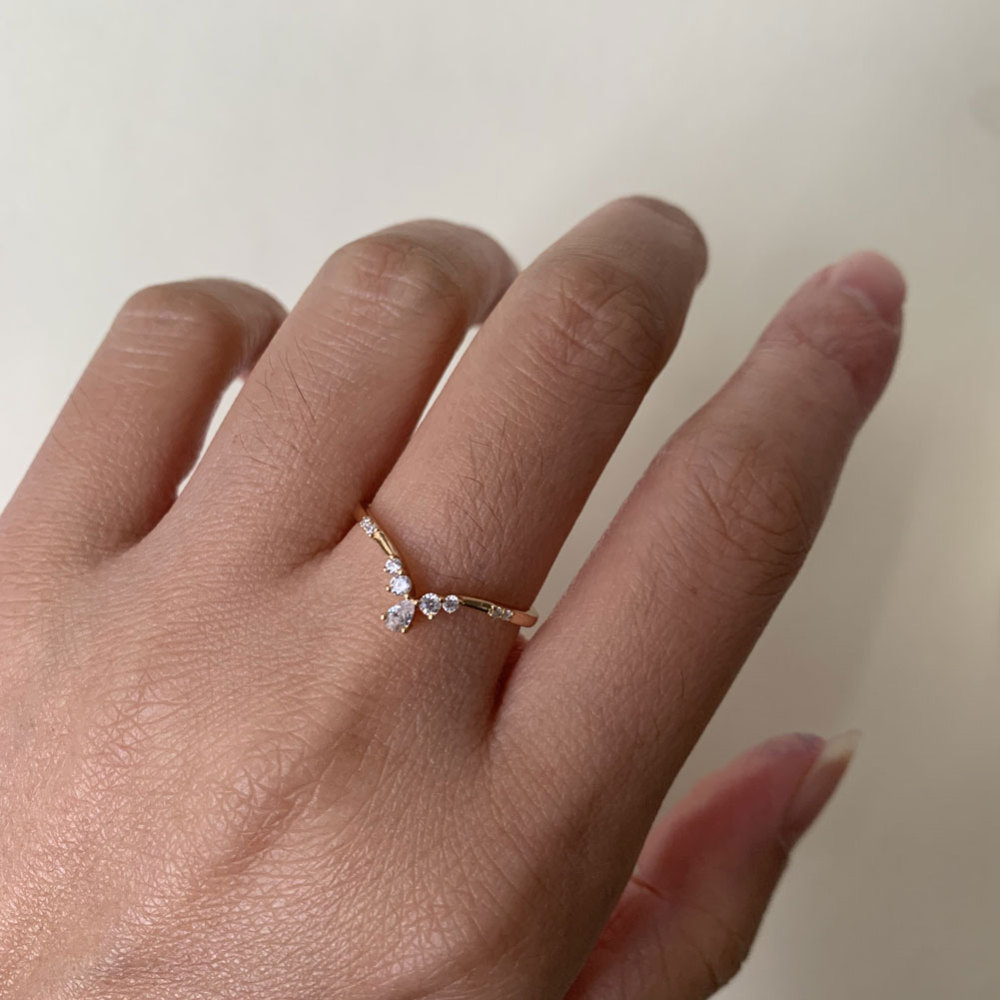 Curved Wedding Band Pear Cut Cubic Zirconia Unique Chevron Stacking Band V Shaped CZ Stackable Ring Anniversary Gift for her