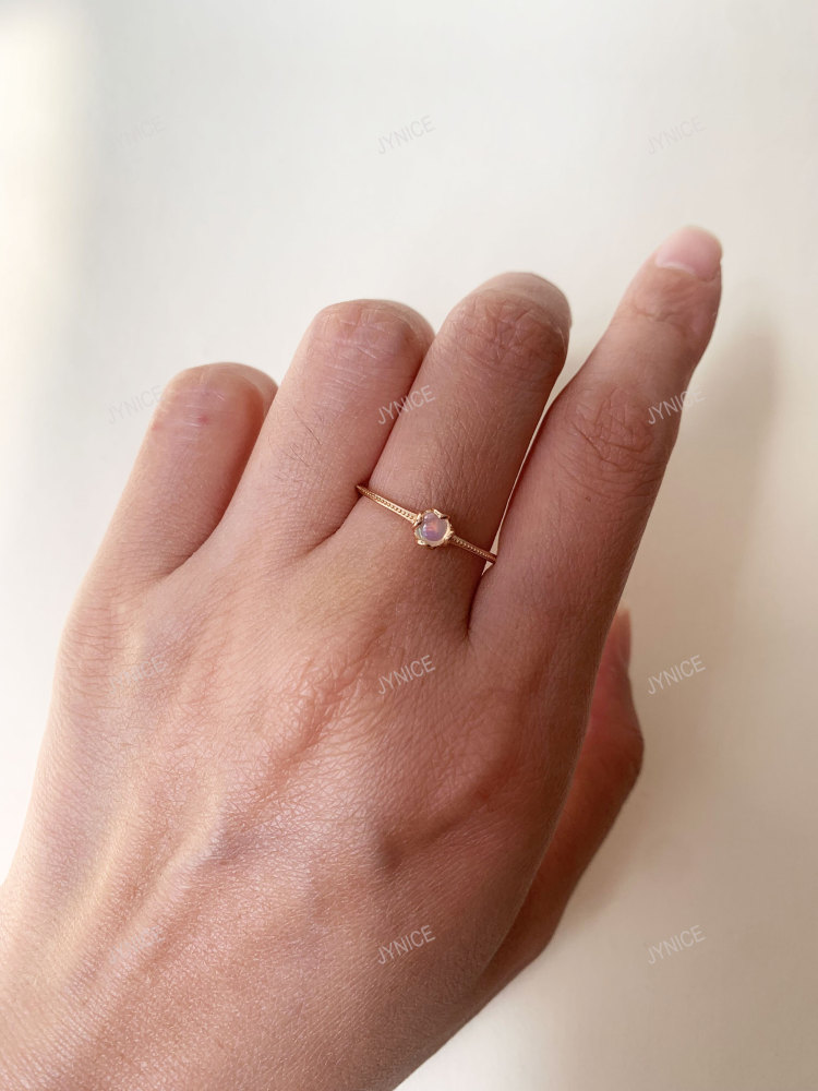Natural Opal Ring Gold Solitaire Rings Dainty Art Deco Anniversary Promise Ring Round October Birthstone Ring