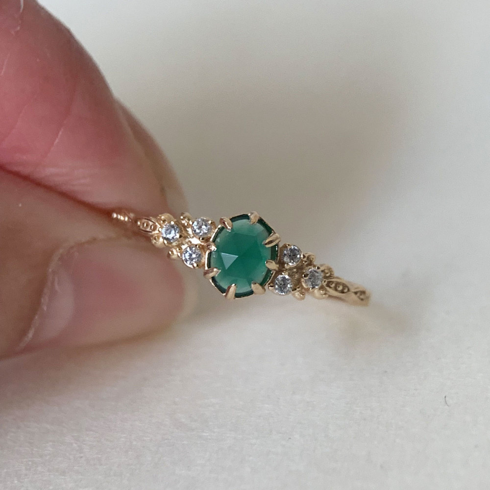 Dainty Chrysoprase Engagement Ring Vintage Gold Sterling Silver Green Onyx Wedding Promise Ring Anniversary Gift for her