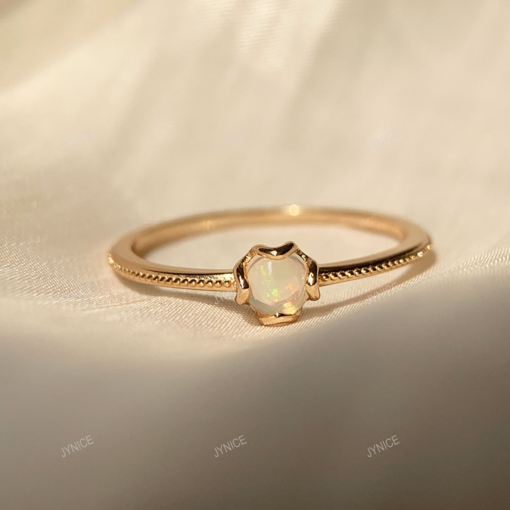 Natural Opal Ring Gold Solitaire Rings Dainty Art Deco Anniversary Promise Ring Round October Birthstone Ring