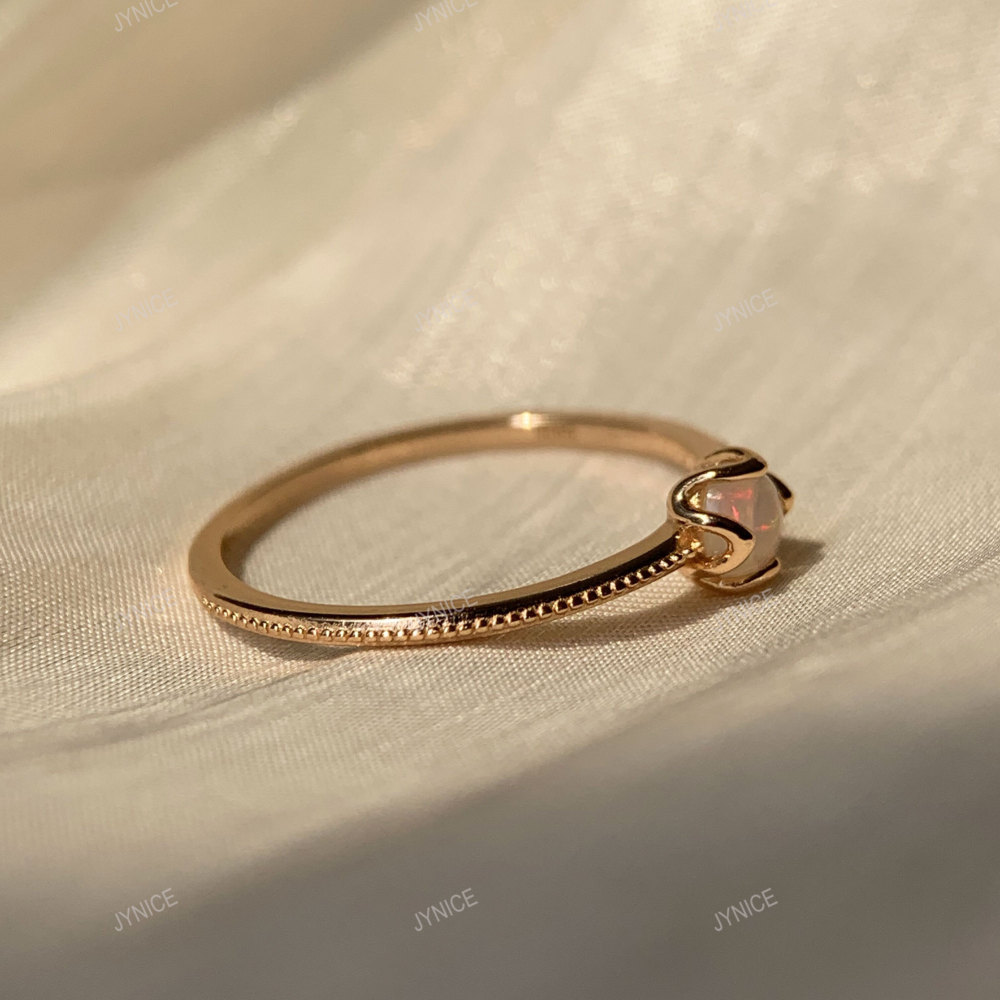 Natural Opal Ring Gold Solitaire Rings Dainty Art Deco Anniversary Promise Ring Round October Birthstone Ring