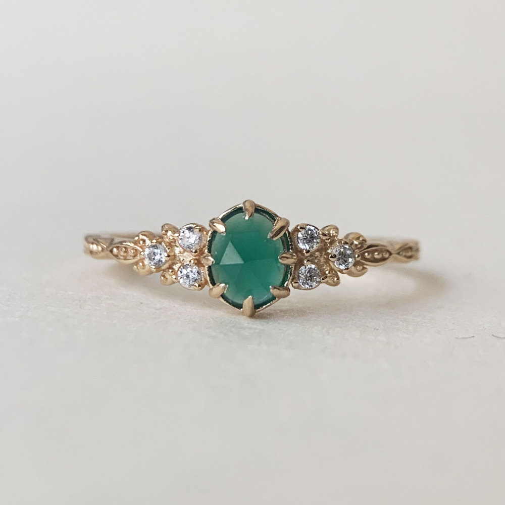 Dainty Chrysoprase Engagement Ring Vintage Gold Sterling Silver Green Onyx Wedding Promise Ring Anniversary Gift for her