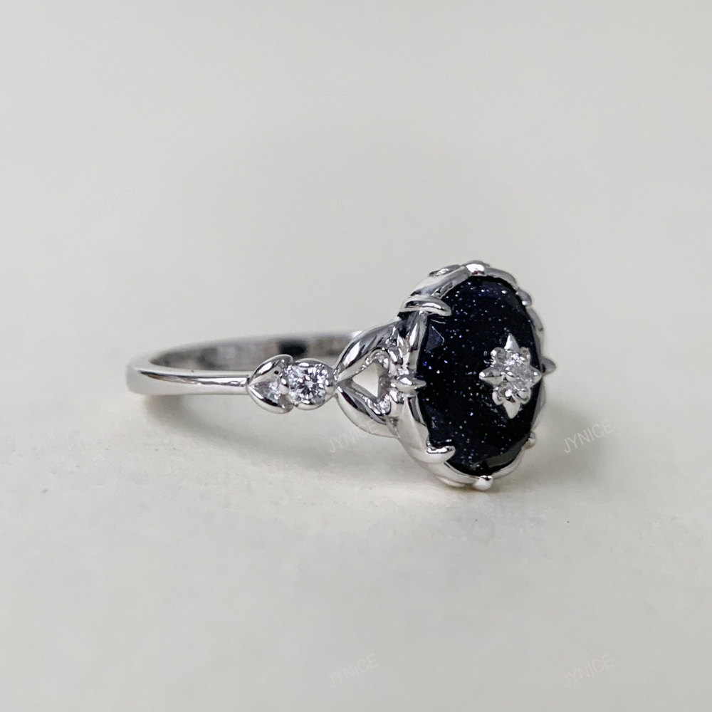 Vintage Blue Sandstone Engagement Ring Sterling Silver Flower Solitaire Promise Wedding Rings Unique Dainty Galaxy Gemstone Jewelry