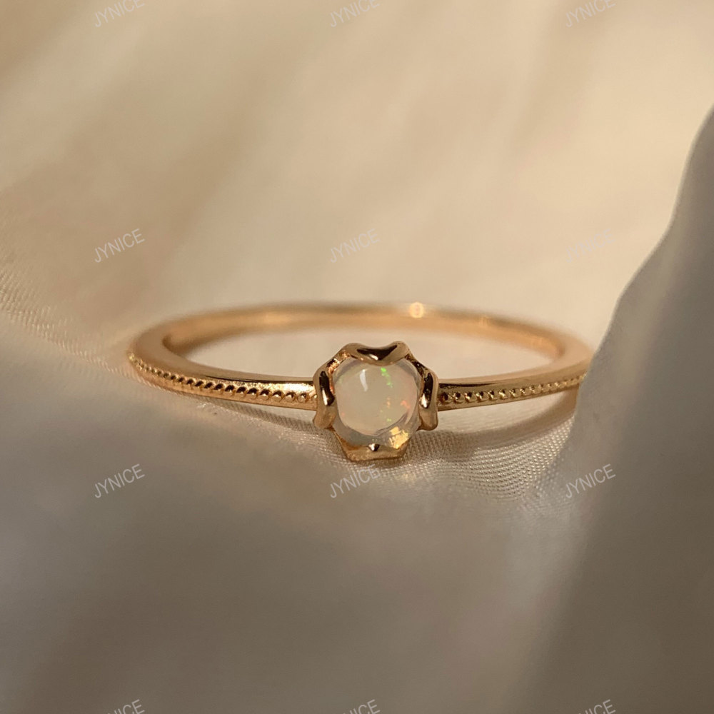 Natural Opal Ring Gold Solitaire Rings Dainty Art Deco Anniversary Promise Ring Round October Birthstone Ring