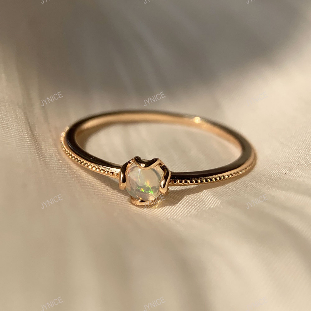 Natural Opal Ring Gold Solitaire Rings Dainty Art Deco Anniversary Promise Ring Round October Birthstone Ring