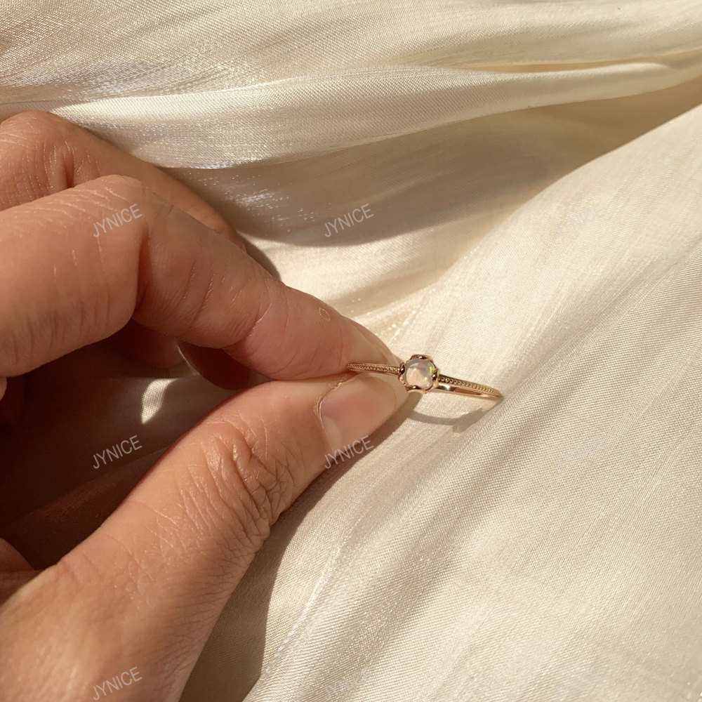 Natural Opal Ring Gold Solitaire Rings Dainty Art Deco Anniversary Promise Ring Round October Birthstone Ring