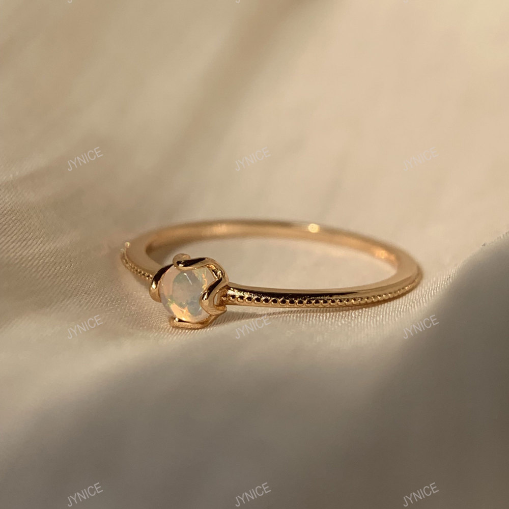 Natural Opal Ring Gold Solitaire Rings Dainty Art Deco Anniversary Promise Ring Round October Birthstone Ring