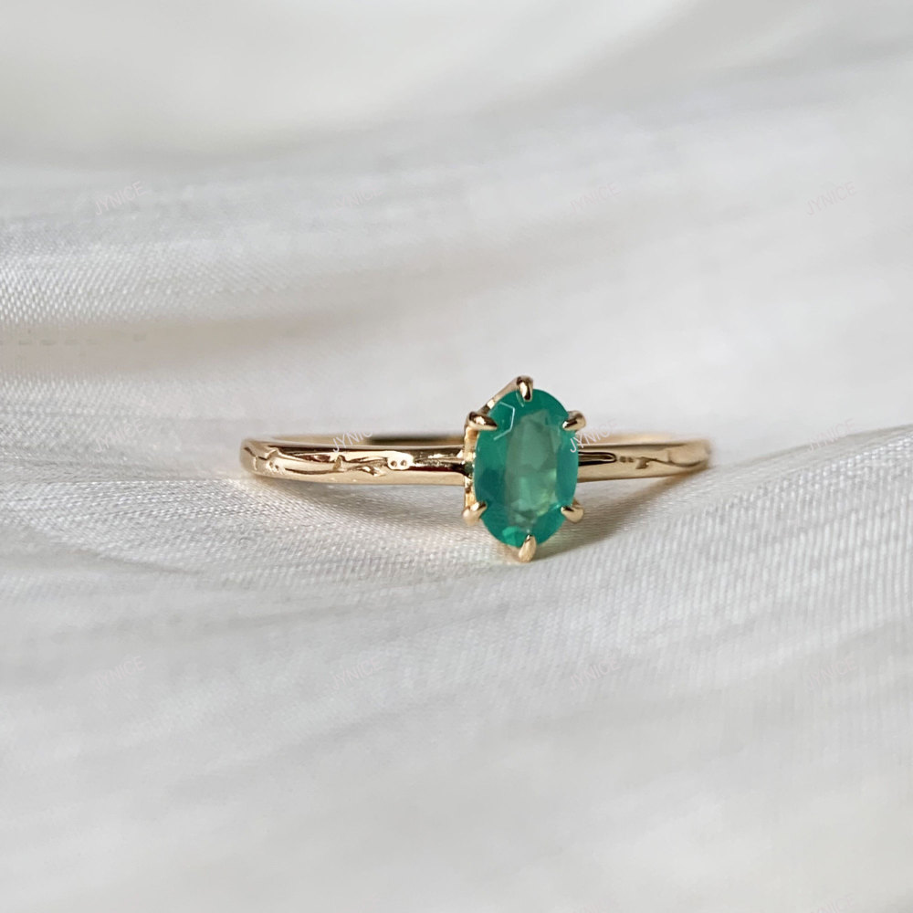 Dainty Chrysoprase Ring Vintage Filigree Gold Plated Green Agate Oval Onyx Solitaire Wedding Anniversary Ring Gift for her