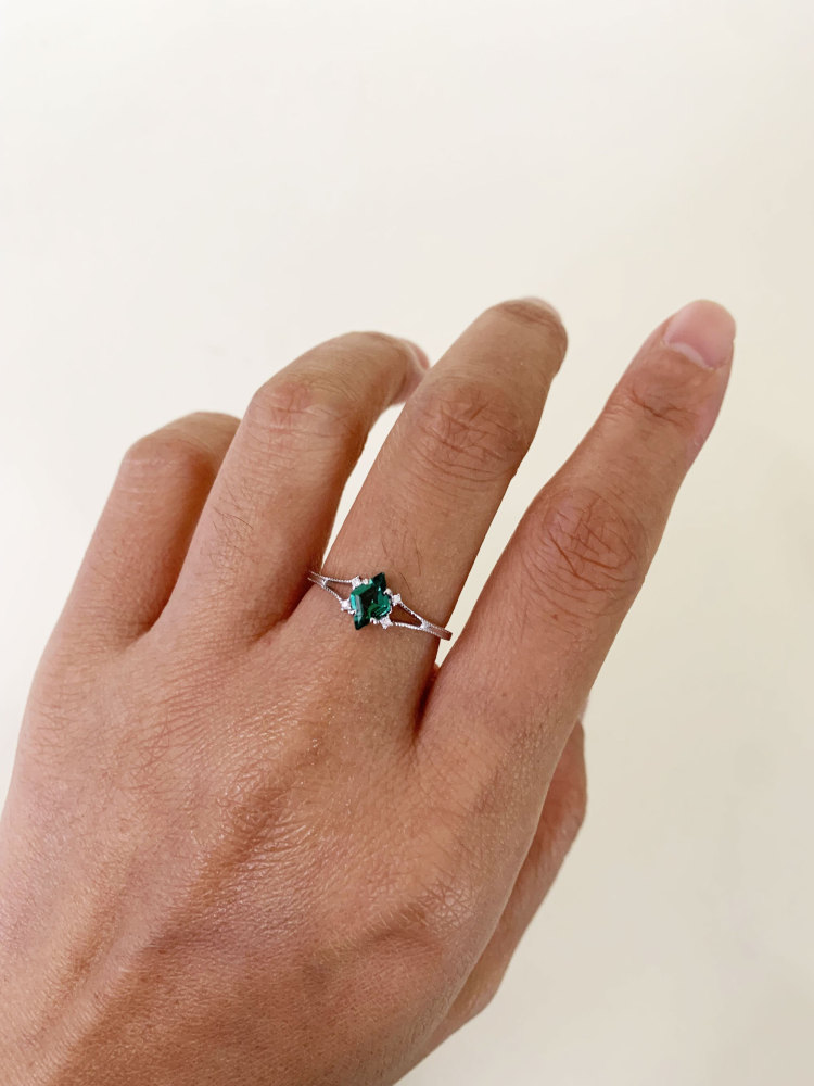 Emerald Engagement Ring Sterling Silver Dainty May Birthstone Green Gemstone Art Deco Promise Wedding Statement Jewelry