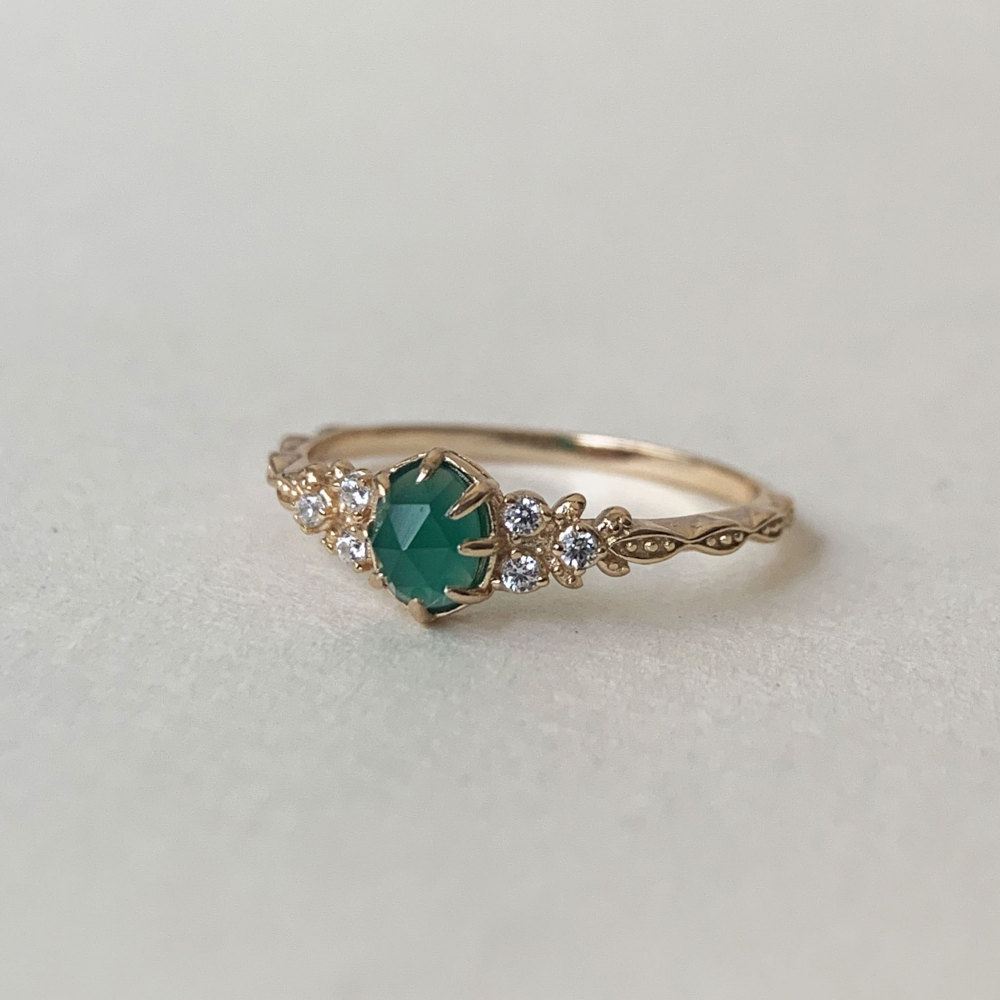 Dainty Chrysoprase Engagement Ring Vintage Gold Sterling Silver Green Onyx Wedding Promise Ring Anniversary Gift for her