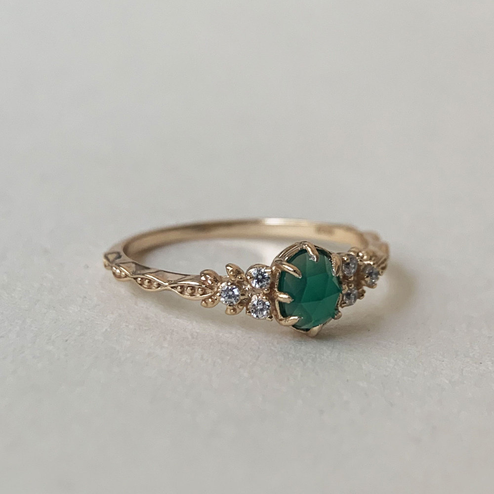 Dainty Chrysoprase Engagement Ring Vintage Gold Sterling Silver Green Onyx Wedding Promise Ring Anniversary Gift for her