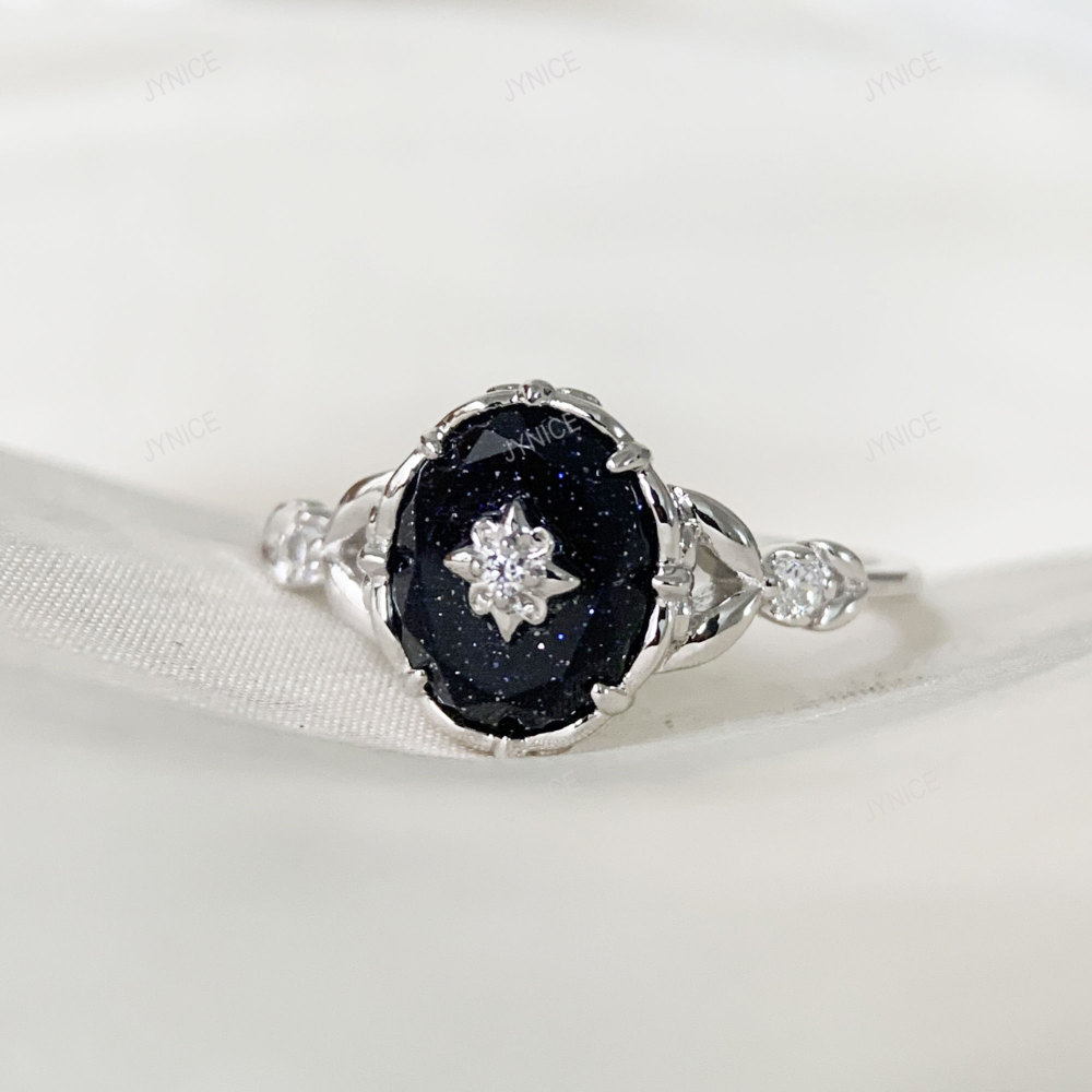 Vintage Blue Sandstone Engagement Ring Sterling Silver Flower Solitaire Promise Wedding Rings Unique Dainty Galaxy Gemstone Jewelry