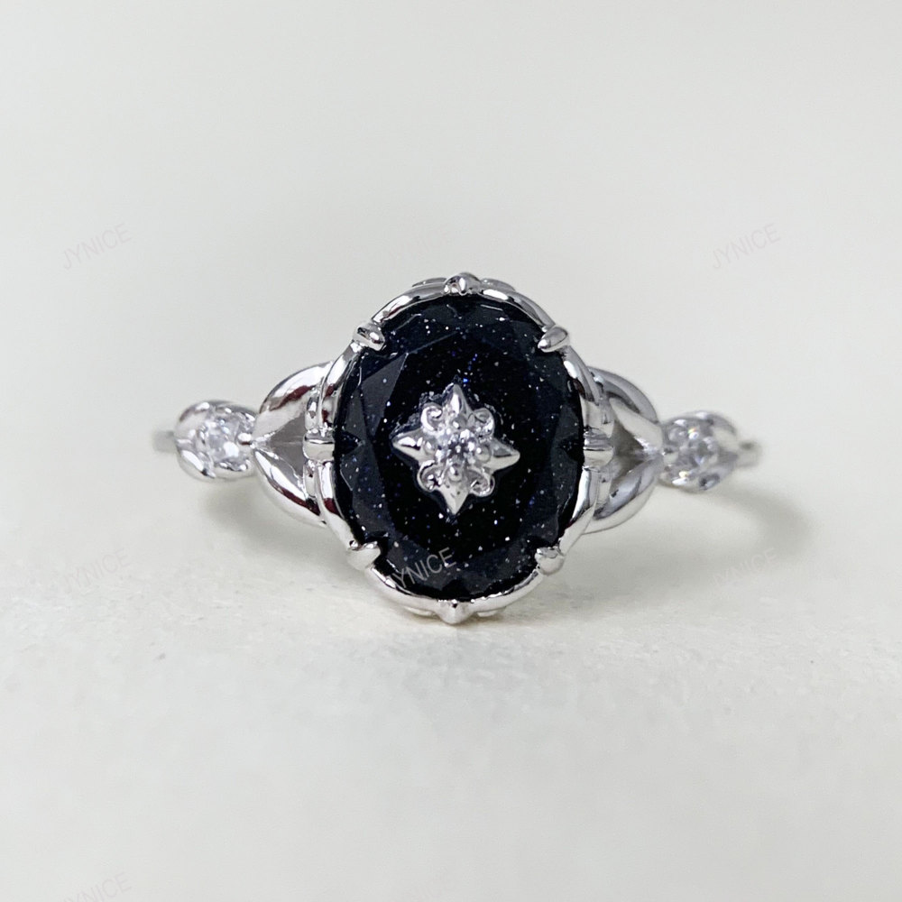 Vintage Blue Sandstone Engagement Ring Sterling Silver Flower Solitaire Promise Wedding Rings Unique Dainty Galaxy Gemstone Jewelry