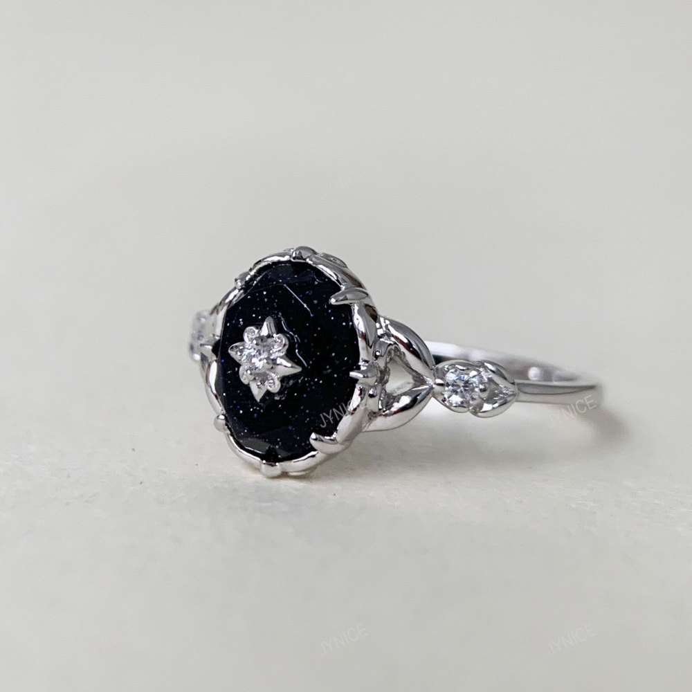 Vintage Blue Sandstone Engagement Ring Sterling Silver Flower Solitaire Promise Wedding Rings Unique Dainty Galaxy Gemstone Jewelry