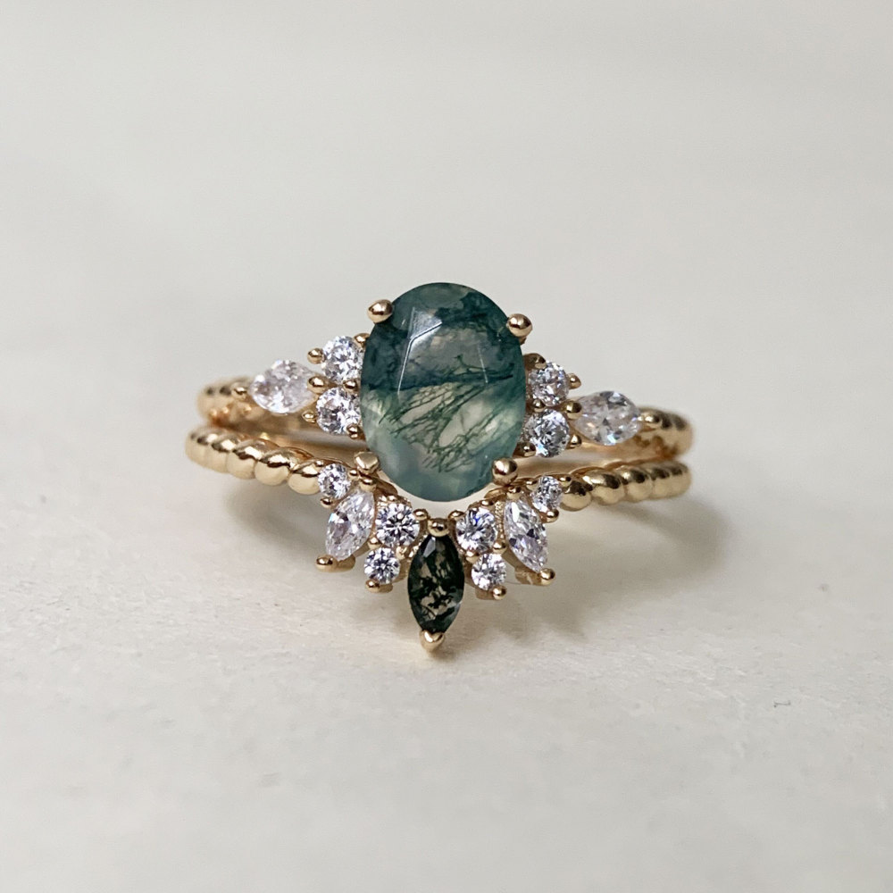 Vintage Moss Agate Engagement Ring Set Gold Oval Unique Natural Stone Twisted Rings Promise Anniversary Jewelry gift for Women